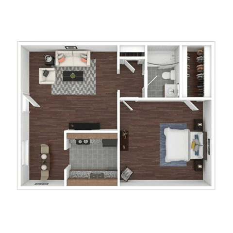 A top down view of a small apartment with a kitchen, living room, and bedroom.